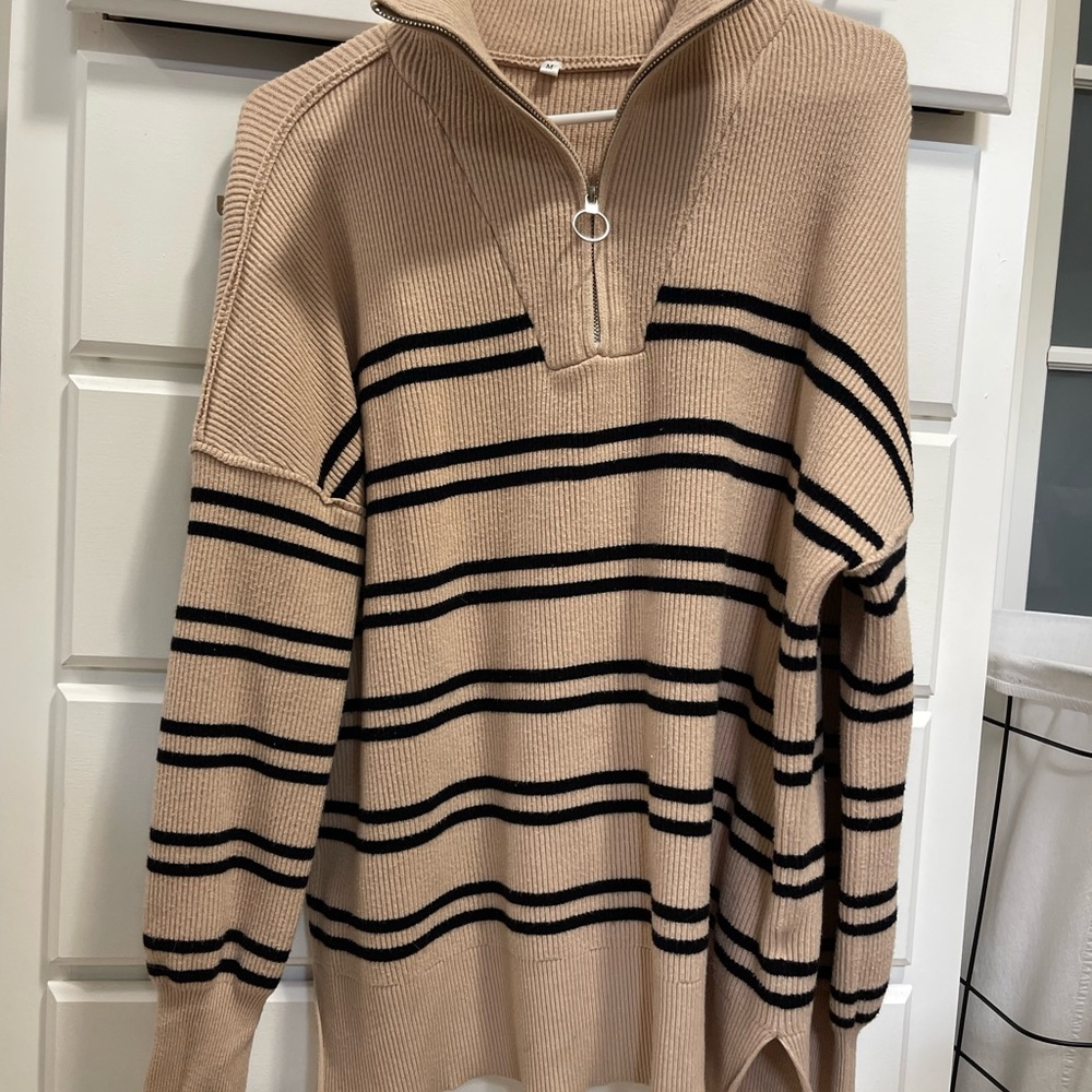 Tan and Black Cowl Neck Striped Sweater